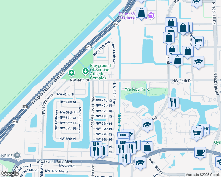 map of restaurants, bars, coffee shops, grocery stores, and more near 4280 Northwest 113th Terrace in Sunrise