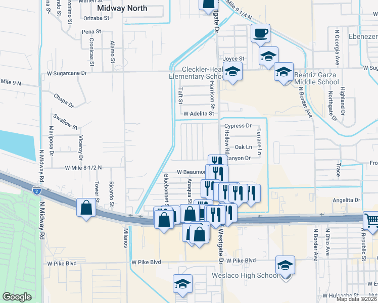 map of restaurants, bars, coffee shops, grocery stores, and more near 1800 Taft Street in Weslaco