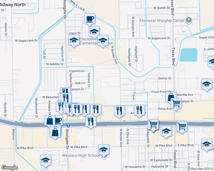 map of restaurants, bars, coffee shops, grocery stores, and more near 1010 Lilia Drive in Weslaco