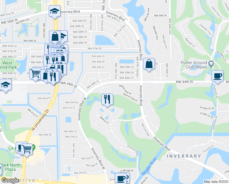 map of restaurants, bars, coffee shops, grocery stores, and more near 7050 Northwest 44th Street in Lauderhill