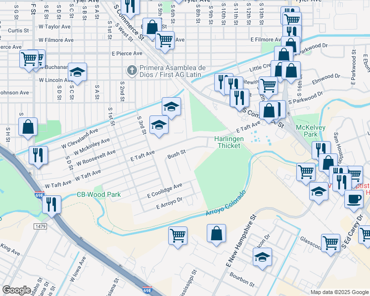 map of restaurants, bars, coffee shops, grocery stores, and more near 525 Bush St in Harlingen