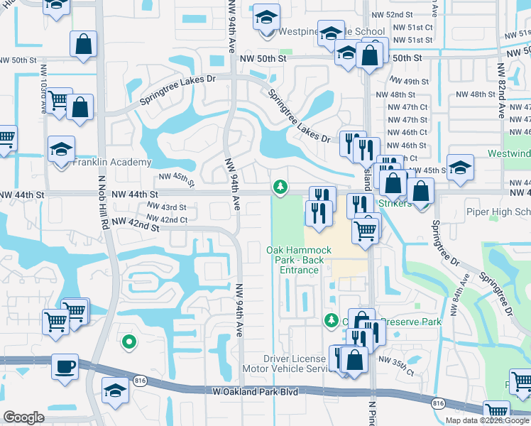 map of restaurants, bars, coffee shops, grocery stores, and more near 9300 Northwest 43rd Street in Sunrise