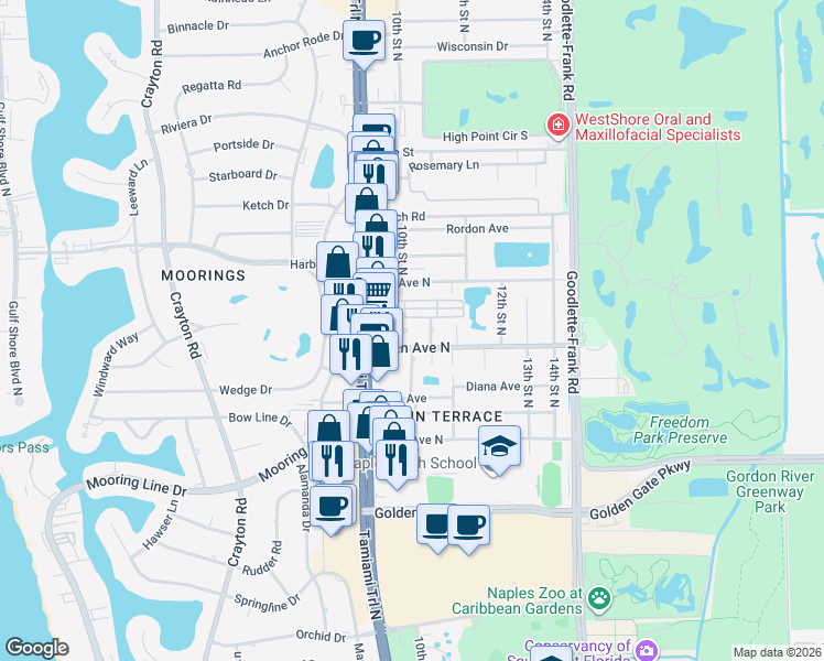 map of restaurants, bars, coffee shops, grocery stores, and more near 2630 10th Street North in Naples