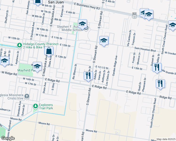 map of restaurants, bars, coffee shops, grocery stores, and more near 1318 Rio Grande Street in San Juan