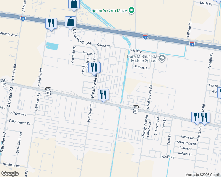 map of restaurants, bars, coffee shops, grocery stores, and more near 324 Sabel Palm Drive in Donna