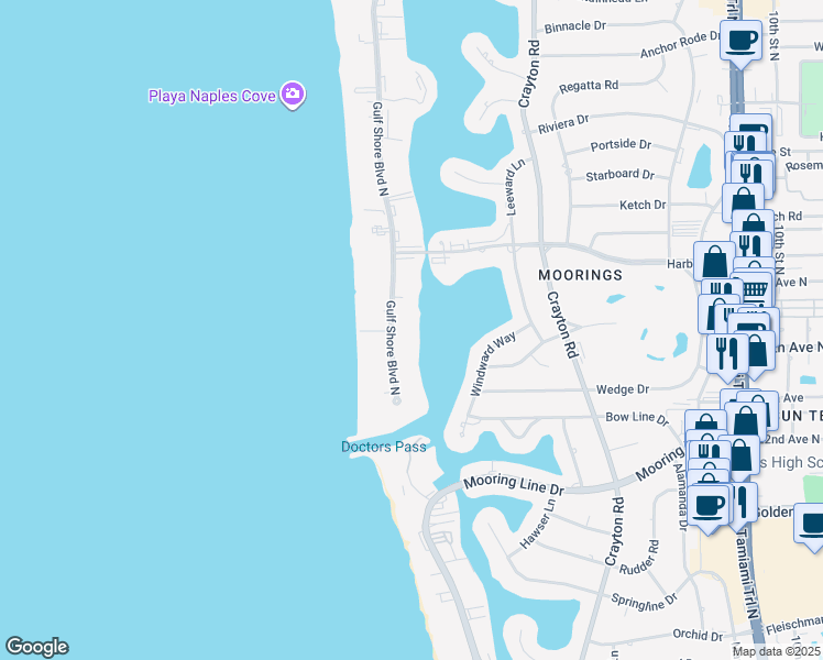 map of restaurants, bars, coffee shops, grocery stores, and more near 2750 Gulf Shore Boulevard North in Naples