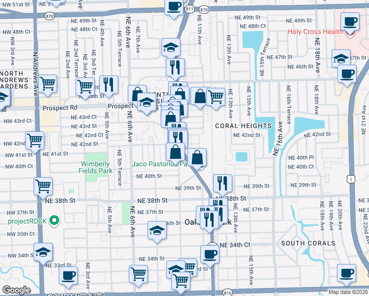 map of restaurants, bars, coffee shops, grocery stores, and more near 4234 North Dixie Highway in Oakland Park