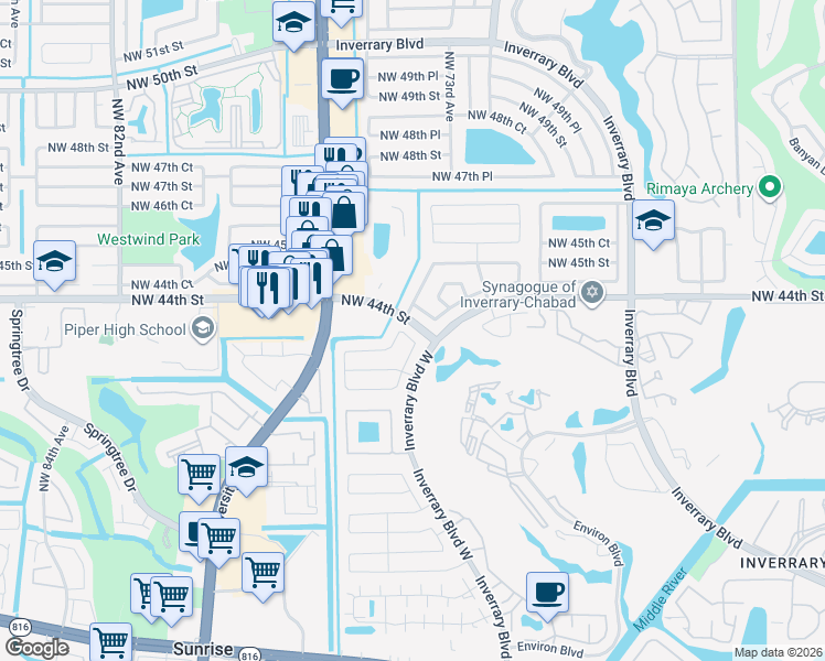 map of restaurants, bars, coffee shops, grocery stores, and more near 7331 Northwest 43rd Court in Lauderhill