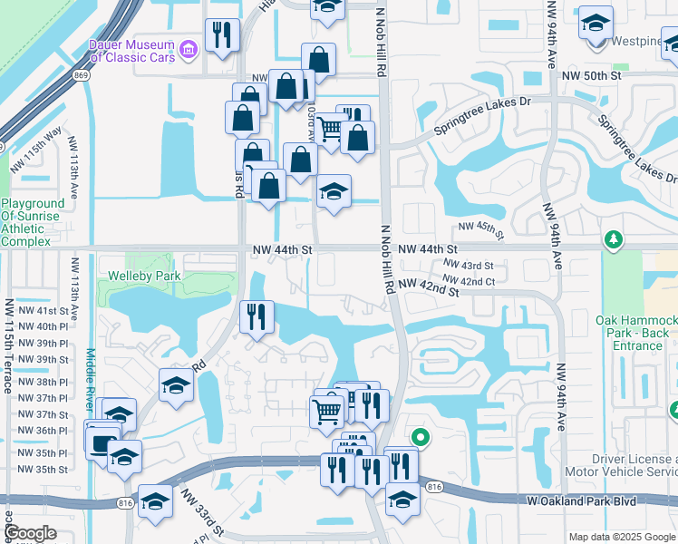 map of restaurants, bars, coffee shops, grocery stores, and more near 4356 Northwest 103rd Avenue in Sunrise