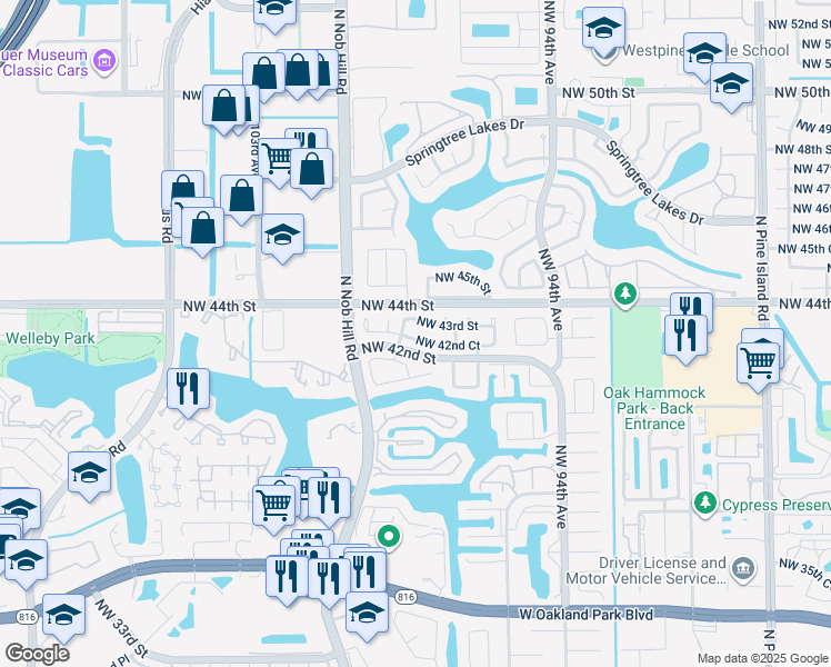 map of restaurants, bars, coffee shops, grocery stores, and more near 9807 Northwest 42nd Court in Sunrise