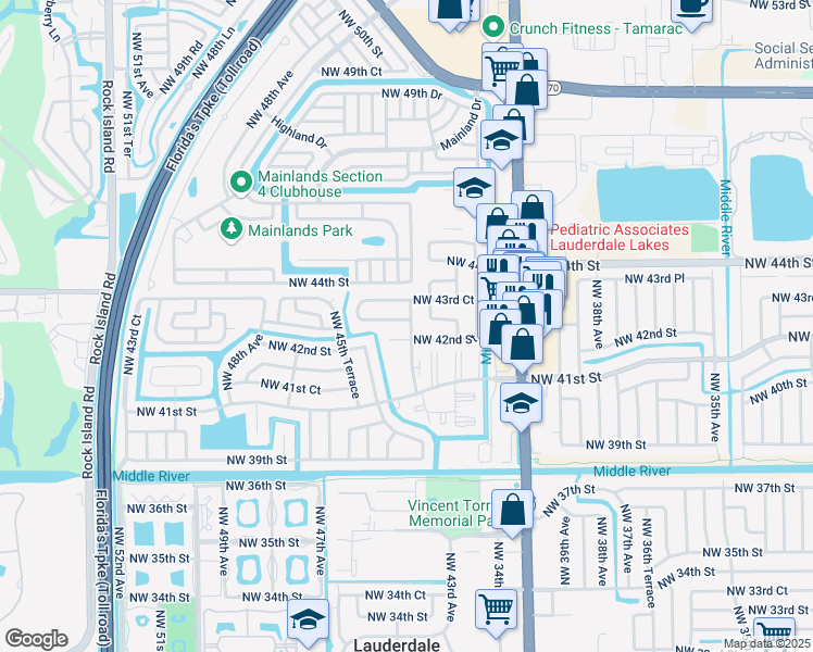 map of restaurants, bars, coffee shops, grocery stores, and more near 4400 Northwest 43rd Street in Lauderdale Lakes