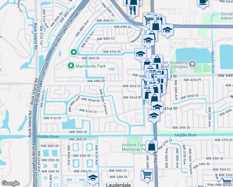 map of restaurants, bars, coffee shops, grocery stores, and more near 4400 Northwest 43rd Street in Lauderdale Lakes