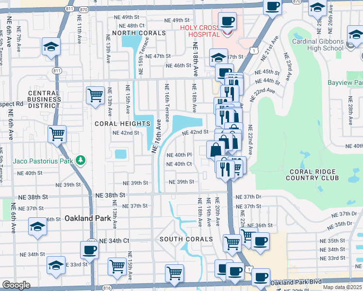 map of restaurants, bars, coffee shops, grocery stores, and more near 4040 Northeast 17th Avenue in Oakland Park