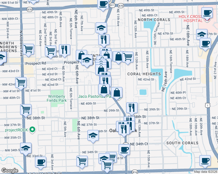 map of restaurants, bars, coffee shops, grocery stores, and more near 4149 North Dixie Highway in Oakland Park