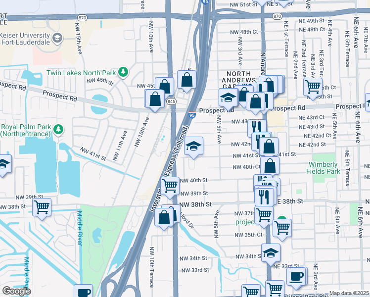map of restaurants, bars, coffee shops, grocery stores, and more near 788 Northwest 42nd Street in Oakland Park