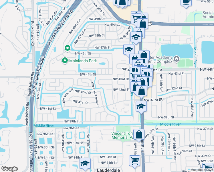 map of restaurants, bars, coffee shops, grocery stores, and more near 4400 Northwest 43rd Street in Lauderdale Lakes