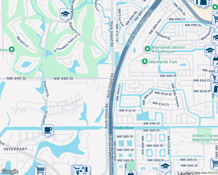 map of restaurants, bars, coffee shops, grocery stores, and more near 4300 Rock Island Road in Lauderhill