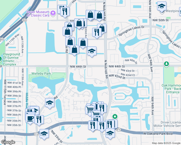map of restaurants, bars, coffee shops, grocery stores, and more near 4356 Northwest 103rd Avenue in Sunrise