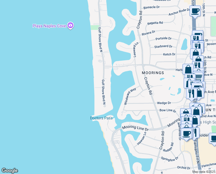 map of restaurants, bars, coffee shops, grocery stores, and more near 2750 Gulf Shore Boulevard North in Naples