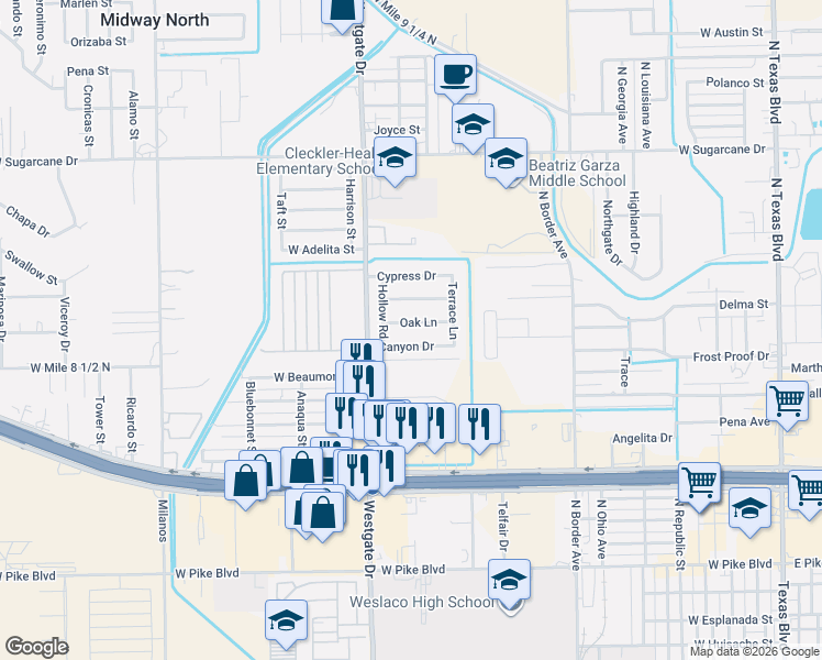 map of restaurants, bars, coffee shops, grocery stores, and more near 1536 Oak Lane in Weslaco