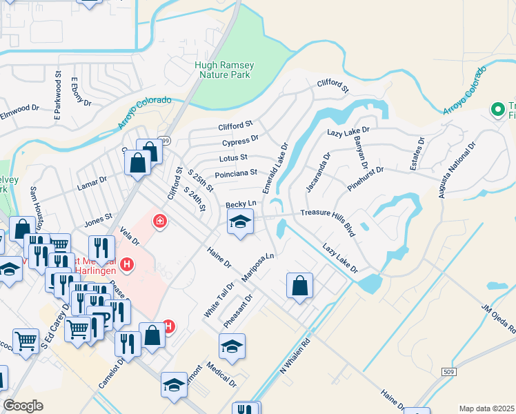 map of restaurants, bars, coffee shops, grocery stores, and more near 2814 Becky Lane in Harlingen