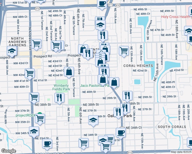 map of restaurants, bars, coffee shops, grocery stores, and more near 880 Northeast 42nd Street in Oakland Park