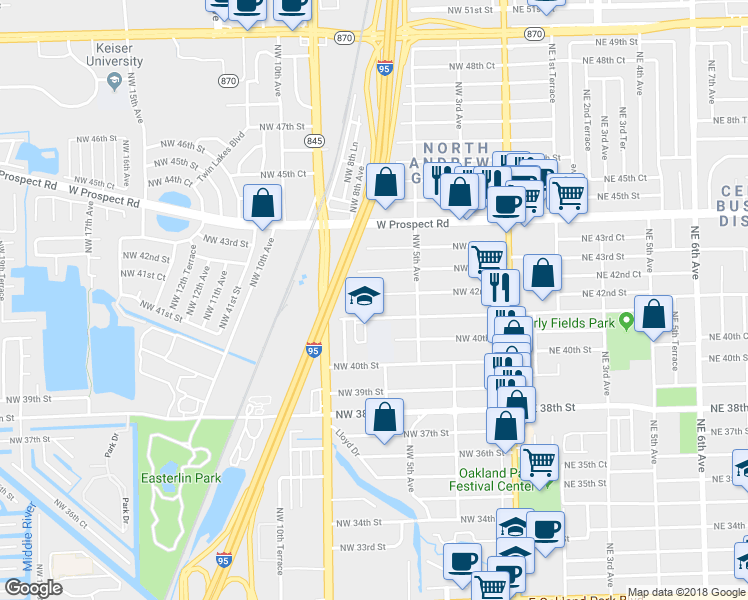 map of restaurants, bars, coffee shops, grocery stores, and more near 698 Northwest 42nd Street in Fort Lauderdale