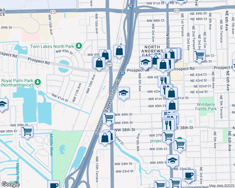 map of restaurants, bars, coffee shops, grocery stores, and more near 788 Northwest 42nd Street in Oakland Park