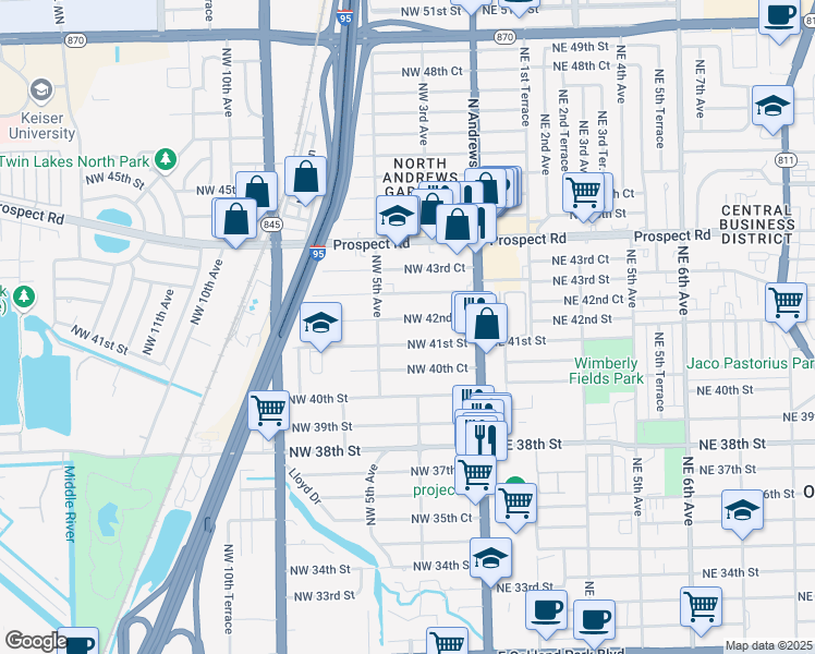 map of restaurants, bars, coffee shops, grocery stores, and more near 380 Northwest 42nd Street in Oakland Park