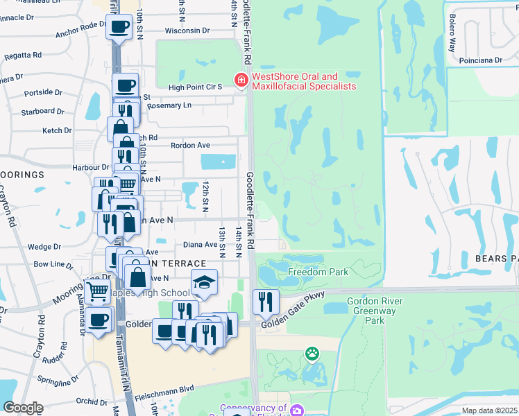 map of restaurants, bars, coffee shops, grocery stores, and more near 2626 Goodlette-Frank Road in Naples