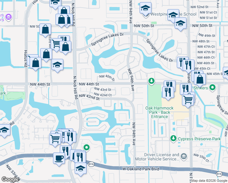 map of restaurants, bars, coffee shops, grocery stores, and more near 9580 Northwest 43rd Street in Sunrise
