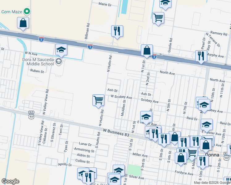 map of restaurants, bars, coffee shops, grocery stores, and more near 405 Ash Street in Donna