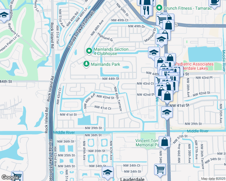 map of restaurants, bars, coffee shops, grocery stores, and more near 4300 Northwest 46th Terrace in Lauderdale Lakes