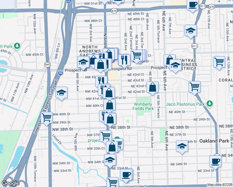 map of restaurants, bars, coffee shops, grocery stores, and more near 101 Northeast 41st Street in Oakland Park