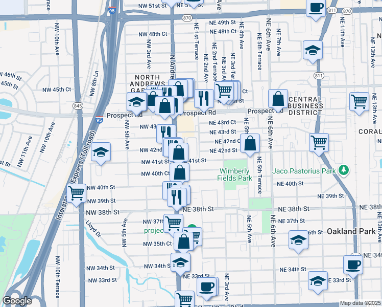 map of restaurants, bars, coffee shops, grocery stores, and more near 101 Northeast 41st Street in Oakland Park
