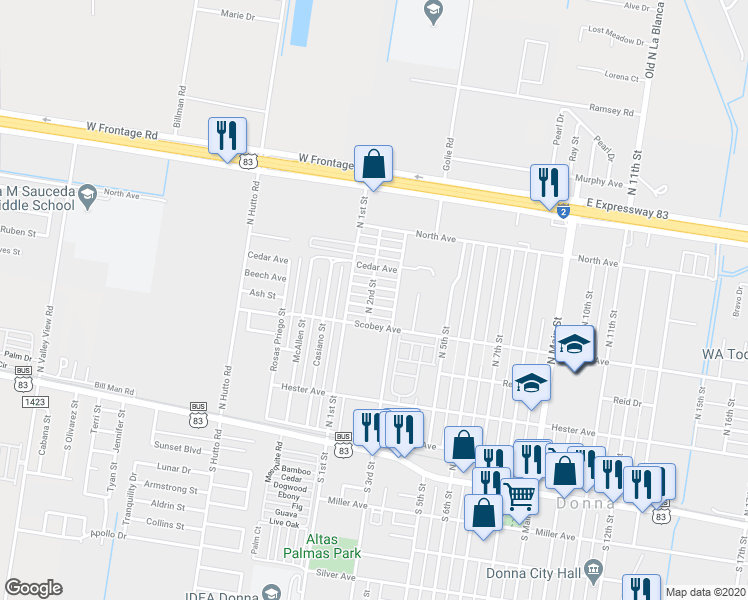 map of restaurants, bars, coffee shops, grocery stores, and more near 202 Ash Street in Donna