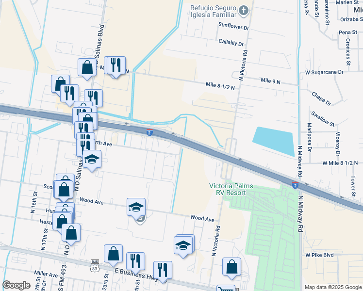 map of restaurants, bars, coffee shops, grocery stores, and more near 2607 North Avenue in Donna