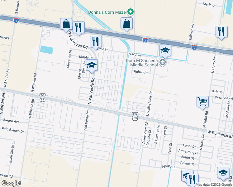 map of restaurants, bars, coffee shops, grocery stores, and more near 523 Royal Palm Drive in Donna