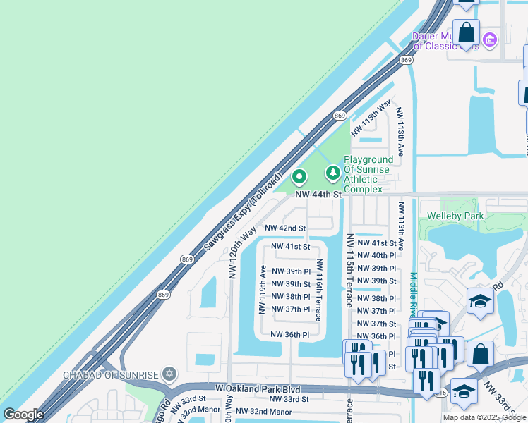 map of restaurants, bars, coffee shops, grocery stores, and more near 4348 Northwest 120th Lane in Sunrise