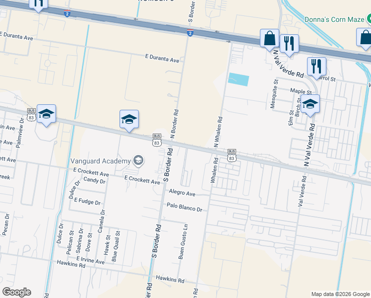 map of restaurants, bars, coffee shops, grocery stores, and more near 89 East Business 83 in Alamo