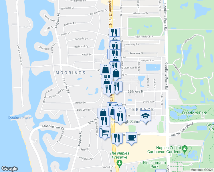 map of restaurants, bars, coffee shops, grocery stores, and more near 2555 Tamiami Trail North in Naples