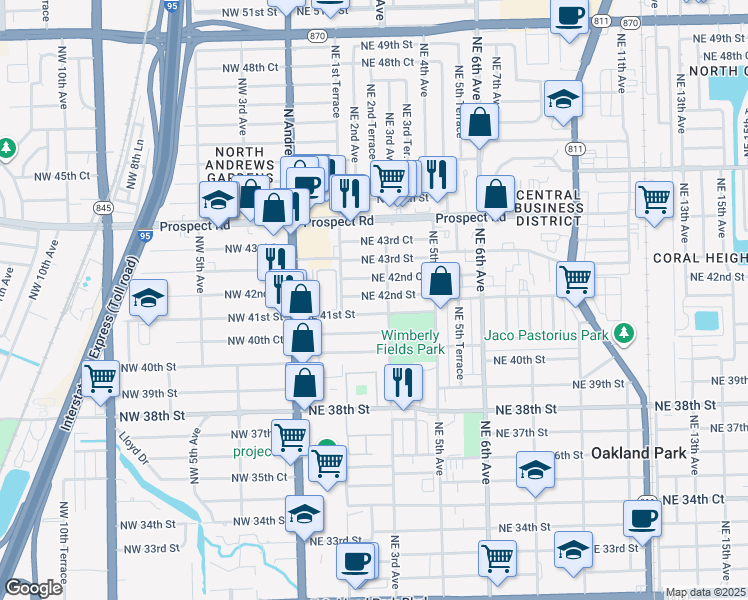 map of restaurants, bars, coffee shops, grocery stores, and more near 240 Northeast 42nd Street in Oakland Park