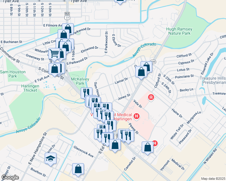 map of restaurants, bars, coffee shops, grocery stores, and more near 1639 Sam Houston Drive in Harlingen
