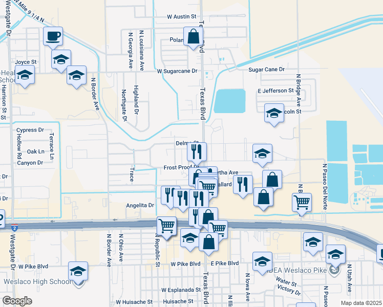 map of restaurants, bars, coffee shops, grocery stores, and more near 1804 North Missouri Avenue in Weslaco