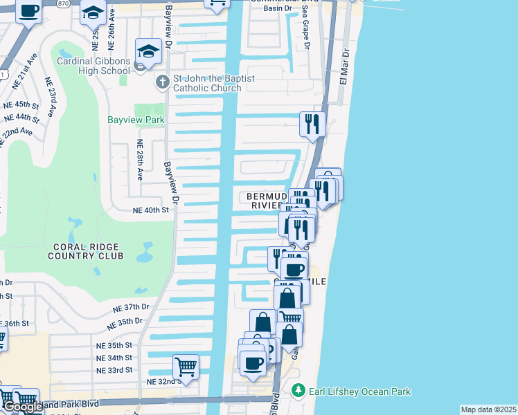 map of restaurants, bars, coffee shops, grocery stores, and more near 43 Fort Royal Isle in Fort Lauderdale