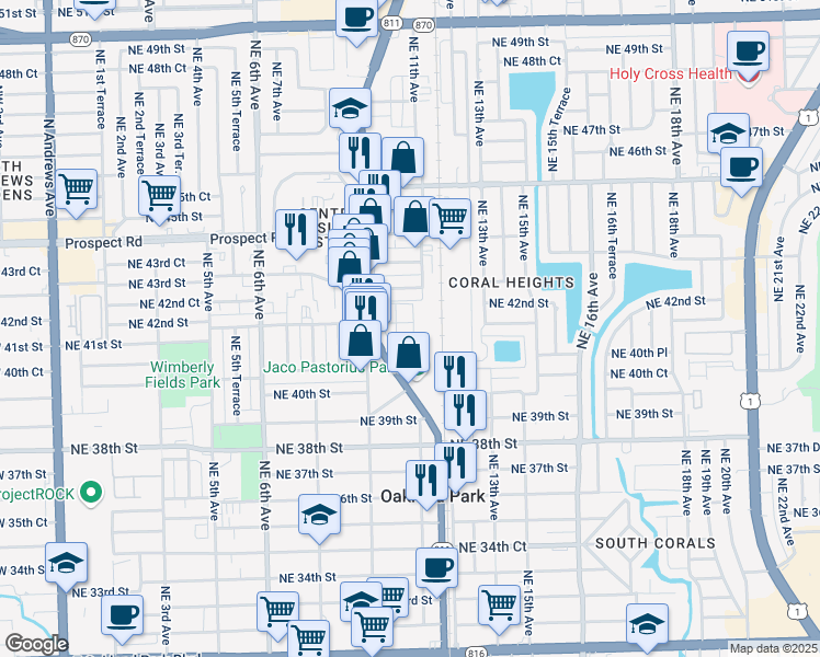 map of restaurants, bars, coffee shops, grocery stores, and more near 4222 North Dixie Highway in Oakland Park