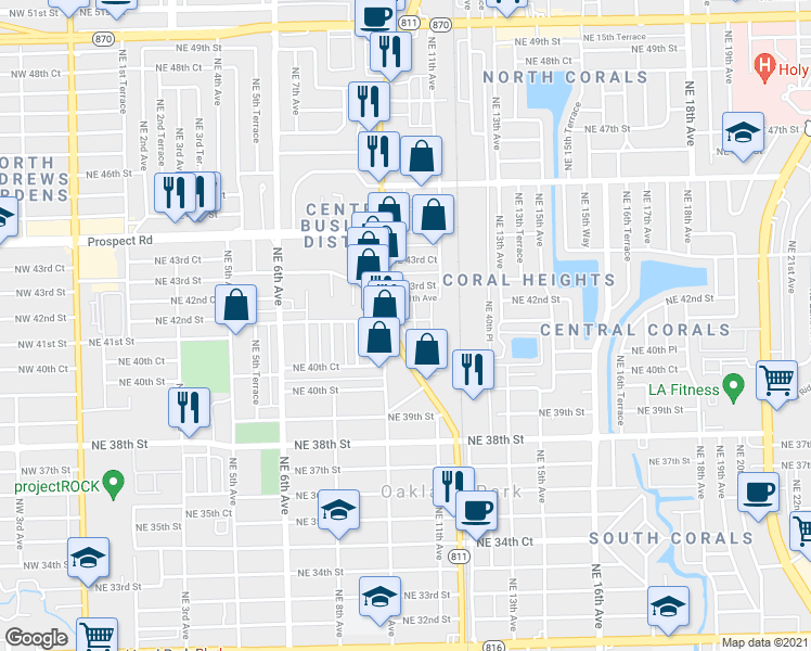 map of restaurants, bars, coffee shops, grocery stores, and more near 4149 North Dixie Highway in Oakland Park
