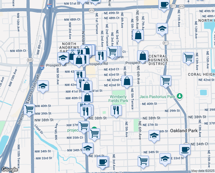 map of restaurants, bars, coffee shops, grocery stores, and more near 240 Northeast 42nd Street in Oakland Park