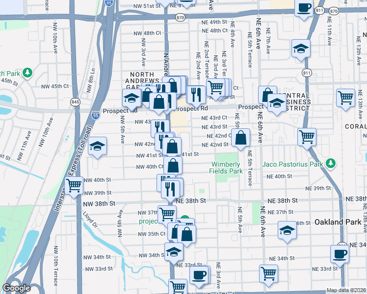 map of restaurants, bars, coffee shops, grocery stores, and more near 101 Northeast 41st Street in Oakland Park