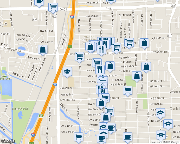 map of restaurants, bars, coffee shops, grocery stores, and more near 380 Northwest 42nd Street in Oakland Park